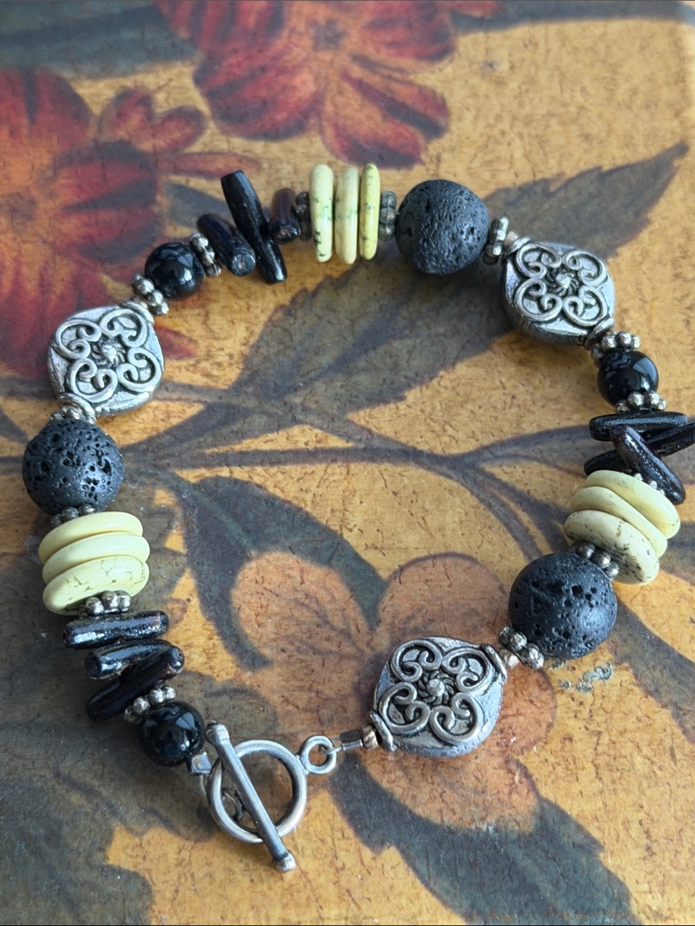Artisan made Black lava beads onyx sterling silver& Cream Beaded bracelet
